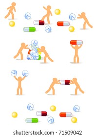 Abstraction on pharmacology. Vector isolated groups of figures. Little Men in various poses with the tablets and pills.