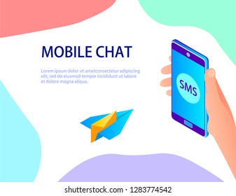 Abstraction on the subject of mobile chat. The envelope with the letter flies on a paper airplane to the smartphone.