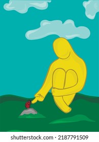 abstraction on the theme of nature and man, love for nature. A man of golden yellow color displays the warmth and light of the sun.