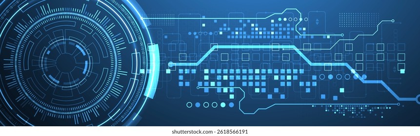 Abstraction on the theme of tech circles. Scientific and technological background. Blue gradient on the background.