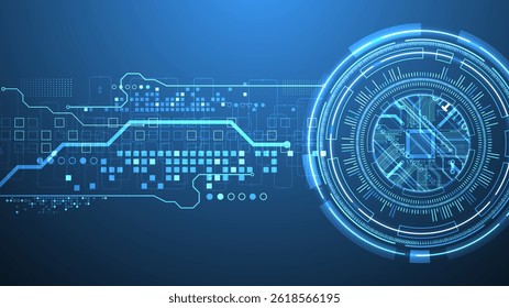 Abstraction on the theme of tech circles. Scientific and technological background. Blue gradient on the background.