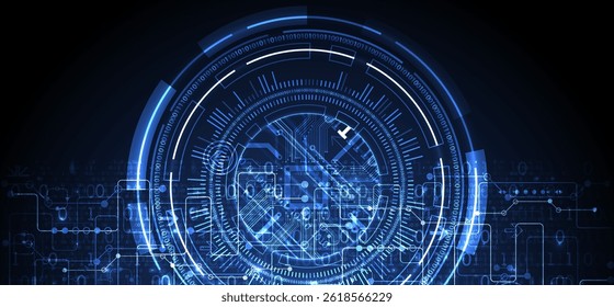 Abstraction on the theme of tech circles. Scientific and technological background. Blue gradient on the background.