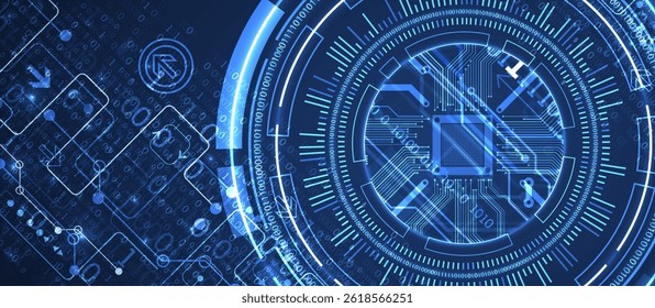 Abstraction on the theme of tech circles. Scientific and technological background. Blue gradient on the background.