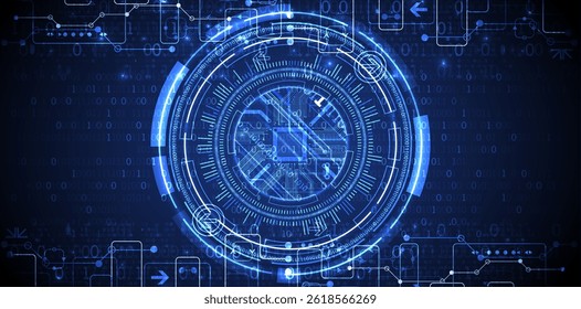 Abstraction on the theme of tech circles. Scientific and technological background. Blue gradient on the background.