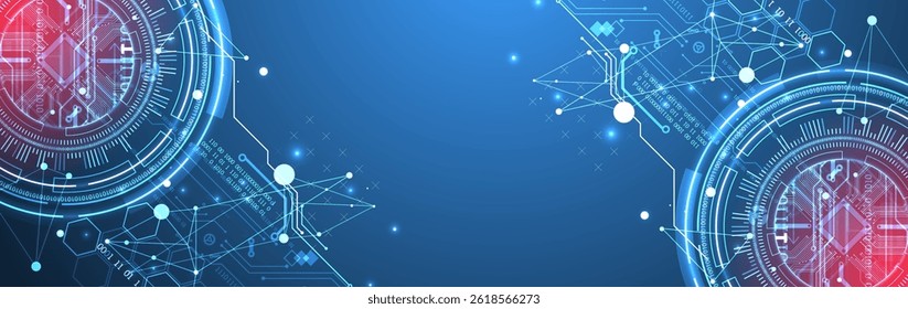 Abstraction on the theme of tech circles. Scientific and technological background. Blue gradient on the background.