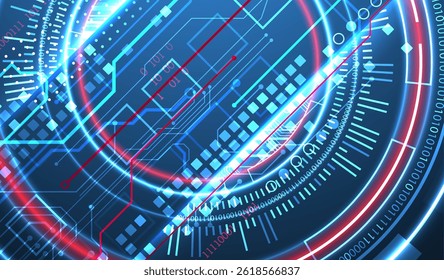 Abstraction on the theme of tech circles. Scientific and technological background. Blue gradient on the background.