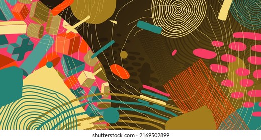 Abstraction on the wall. Bright colorful background with abstract spots, shapes and lines. Great for printing, posters, flyers, packaging, invitations, postcards, textile designs and other accessories