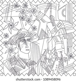 Abstraction. One guy and a figure of a man. Vector illustration. The book is a coloring page.