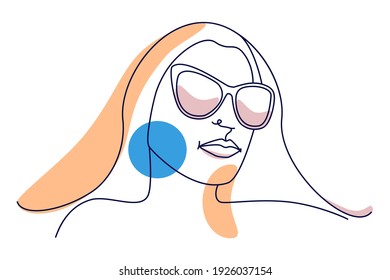 Abstraction. One line. Outline drawing. Portrait of a beautiful woman with glasses. Scribble. The concept of trendy minimalism in interior design. Simple drawing