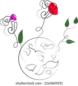 Abstraction in one line.Planet earth and nature on it.
Two roses and a tree branch.Take care of your rose.