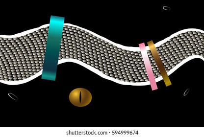 Abstraction pattern of snake skin,  silver, metal and bracelets, gold, pink, blue and snake eye on a black background. Can be used for business cards, signs, fashion, leather goods, costume jewelry