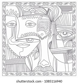 Abstraction. People and masks. Vector image. Coloring book.