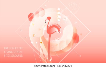 Abstraction pink living coral flamingos seamless family exotic wading birds flock flamboyance beaks, necks, feather, body standing posture Zoo bird park vector design