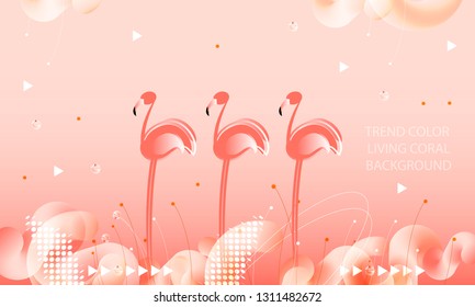 Abstraction pink living coral flamingos seamless family exotic wading birds flock flamboyance beaks, necks, feather, body standing posture