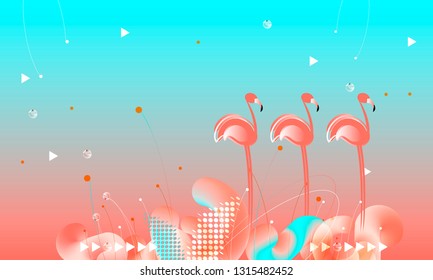 Abstraction pink living coral flamingos family exotic wading birds flock flamboyance beaks, necks, feather, body standing posture Zoo bird park vector design illustration