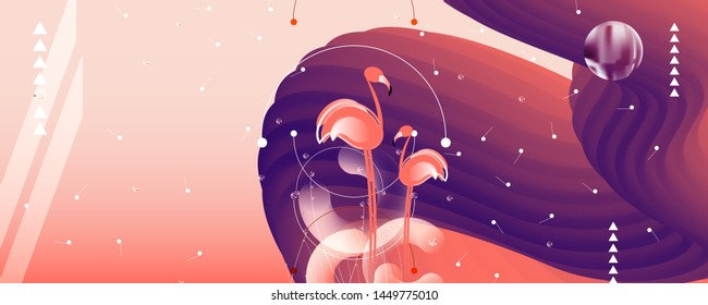 Abstraction pink living coral flamingos seamless family exotic wading birds flock flamboyance beaks, necks, feather