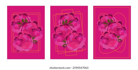 abstraction with pink peonies on a pink background, fuchsia color, gold frames, notebook cover, advertising
