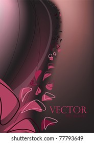 Abstraction pink red with flying petals of roses and pink colors, decorative lines and waves and a place for the text
