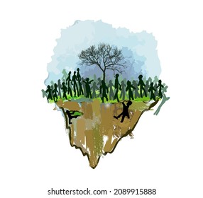 Abstraction. The Problem Of Overpopulation Of The Earth. There Are Many People On A Piece Of Land. Vector Illustration