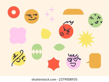 Abstraction with round comic faces with different emotions and figures. Various colorful characters and geometric silhouettes. Cartoon style. Flat design. Emoji vector illustration.