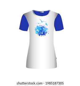 Abstraction of sea and seagulls. print on t-shirt . Vector illustration