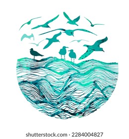 Abstraction seagulls and sea graphics. Vector illustration
