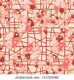 Abstraction. Seamless color pattern made up of multi-colored rounded elements with holes. The background of the picture is a network of square cells divided into fragments.