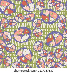 Abstraction. Seamless color pattern made up of multi-colored rounded elements with holes. Under the picture is a background consisting of broken into unequal pieces of squares.