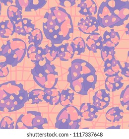 Abstraction. Seamless color pattern made up of multi-colored rounded elements with holes. The background of the picture is a network of square cells divided into fragments.