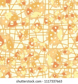 Abstraction. Seamless color pattern made up of multi-colored rounded elements with holes. The background of the picture is a network of square cells divided into fragments.