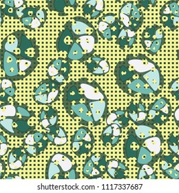 Abstraction. Seamless color pattern made up of multi-colored rounded elements with holes. Under the picture is a background consisting of a network of small squares.