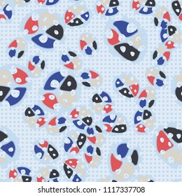 Abstraction. Seamless color pattern made up of multi-colored rounded elements with holes. Under the picture is a background consisting of a network of small squares.