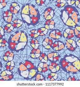 Abstraction. Seamless color pattern made up of multi-colored rounded elements with holes. Under the picture there is a background consisting of squares drawn with thin lines.