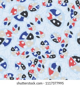 Abstraction. Seamless color pattern made up of multi-colored rounded elements with holes. Under the picture there is a background consisting of squares drawn with thin lines.