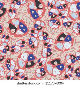 Abstraction. Seamless color pattern made up of multi-colored rounded elements with holes. Under the picture there is a background consisting of squares drawn with thin lines.