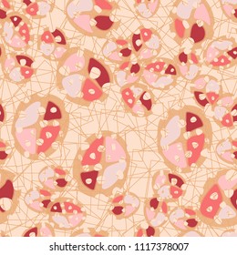 Abstraction. Seamless color pattern made up of multi-colored rounded elements with holes. Under the picture there is a background consisting of squares drawn with thin lines.