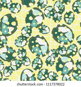 Abstraction. Seamless color pattern made up of multi-colored rounded elements with holes. The background of the picture is a network of square cells divided into fragments.
