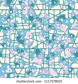 Abstraction. Seamless color pattern made up of multi-colored rounded elements with holes. The background of the picture is a network of square cells divided into fragments.