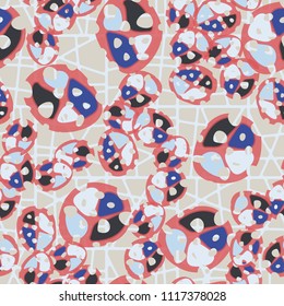 Abstraction. Seamless color pattern made up of multi-colored rounded elements with holes. The background of the picture is a network of square cells divided into fragments.