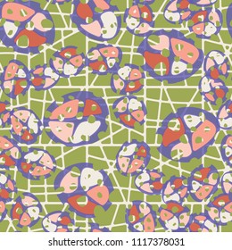 Abstraction. Seamless color pattern made up of multi-colored rounded elements with holes. The background of the picture is a network of square cells divided into fragments.