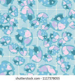 Abstraction. Seamless color pattern made up of multi-colored rounded elements with holes. Under the picture is a background consisting of rounded squares formed by diagonal lines.