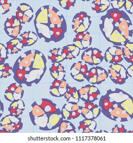 Abstraction. Seamless color pattern made up of multi-colored rounded elements with holes. Under the picture is a background consisting of rounded squares formed by diagonal lines.