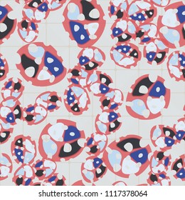 Abstraction. Seamless color pattern made up of multi-colored rounded elements with holes. Under the picture is a background consisting of rounded squares formed by diagonal lines.