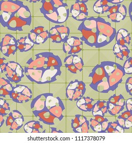 Abstraction. Seamless color pattern made up of multi-colored rounded elements with holes. Under the picture is a background consisting of rounded squares formed by diagonal lines.