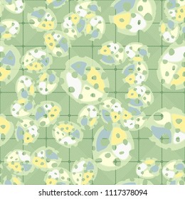 Abstraction. Seamless color pattern made up of multi-colored rounded elements with holes. Under the picture is a background consisting of rounded squares formed by diagonal lines.