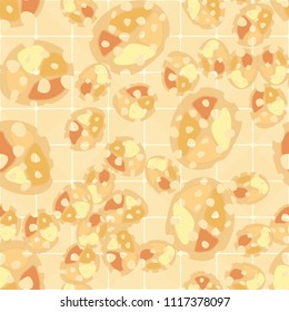 Abstraction. Seamless color pattern made up of multi-colored rounded elements with holes. Under the picture is a background consisting of rounded squares formed by diagonal lines.