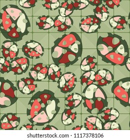 Abstraction. Seamless color pattern made up of multi-colored rounded elements with holes. Under the picture is a background consisting of rounded squares formed by diagonal lines.
