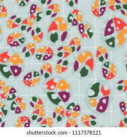 Abstraction. Seamless color pattern made up of multi-colored rounded elements with holes. Under the picture is a background consisting of rounded squares formed by diagonal lines.