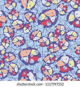 Abstraction. Seamless color pattern made up of multi-colored rounded elements with holes. Under the picture there is a background consisting of squares drawn with thin lines.