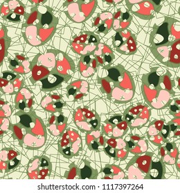 Abstraction. Seamless color pattern made up of multi-colored rounded elements with holes. Under the picture there is a background consisting of squares drawn with thin lines.
